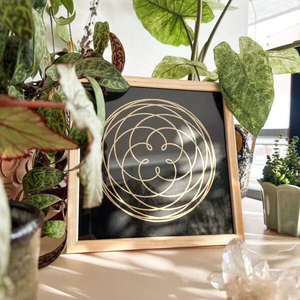 Veskor Cassiopeia Veskor Cassiopeia Gerahmt | ROSE OF VENUS Heilige Geometrie Linoldruck | 20 × 20 cm in 22 × 22 cm Rahmen | Gold, Schwarz, – Produktbild 5 von 5