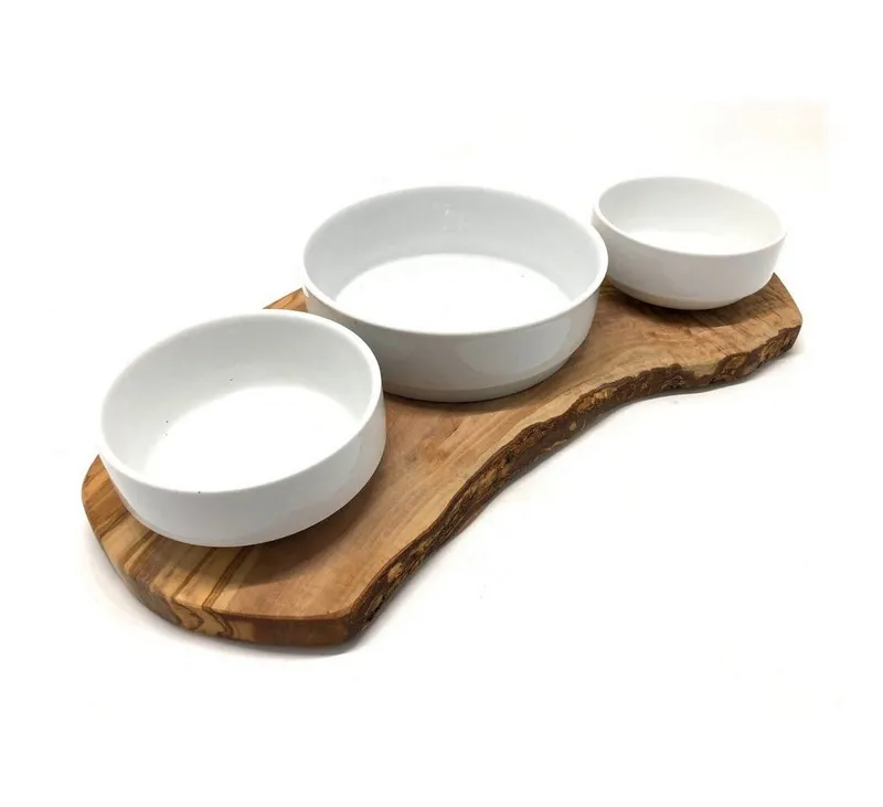 Olivenholz erleben Olivenholz erleben Futterstation RUSTY TRIO 3-in-1 für Futter und Wasser 2x 0,4L und 1x 0,9L Schalen, Porzellan, Rustikal & edel – echtes Olivenholz kombiniert mit weißem Porzellan – Produktbild 2 von 4
