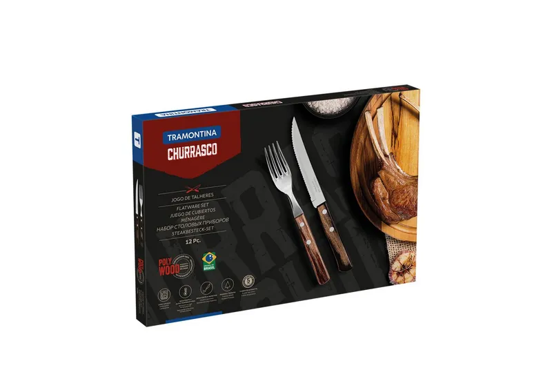 Tramontina Steakbesteck Pizzabesteck, 12-tlg. Set - mit FSC Holzgriff (12-tlg), 6 Personen, Edelstahl, scharfe Klinge, FSC Echtholzgriffe, spülmaschinenfest, Braun, – Produktbild 4 von 5