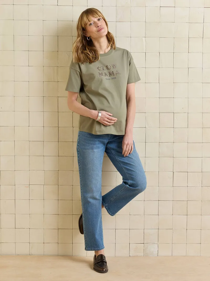 Vertbaudet Umstands-Shirt CLUB MAMA Leoprint personalisierbar, Khaki, – Produktbild 3 von 4