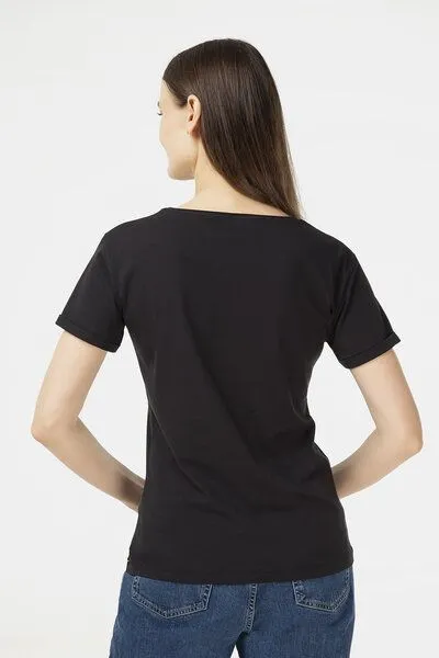 Evermind Evermind Damen T-Shirt mit umgeschlagenen Ärmeln, Schwarz, – Produktbild 3 von 4