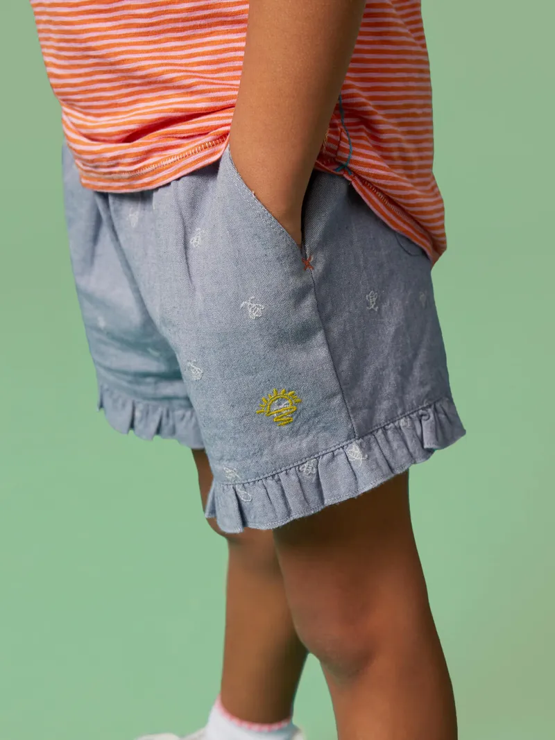 White Stuff Rüschenshorts aus Chambray - 7-8, Blau, – Produktbild 2 von 4