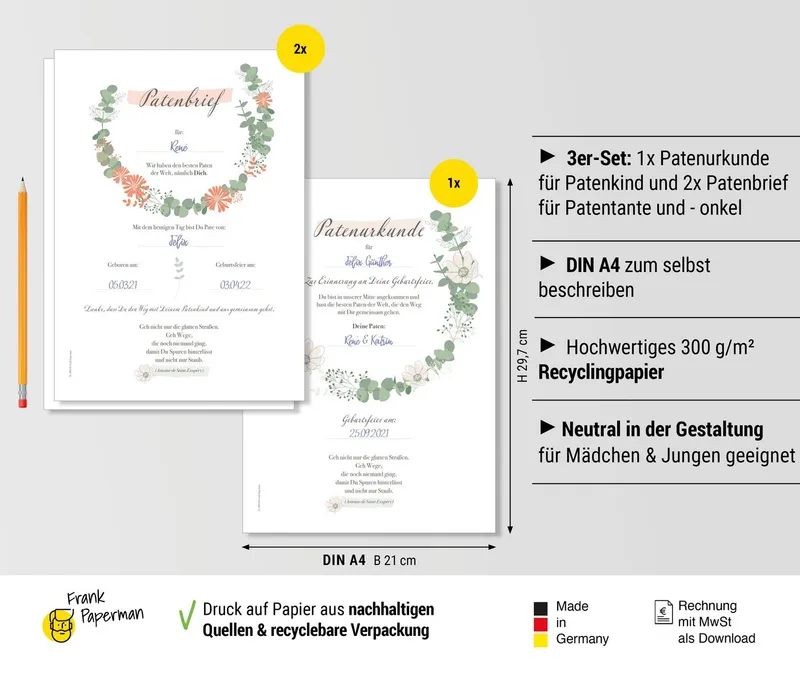 Frank Paperman Taufkarte Patenbrief Taufpaten, Urkunden Set, Paten Patenkind, Taufe floral, 100% Recyclingpapier, Erinnerung Taufe, Geschenk Geburt – Produktbild 2 von 5