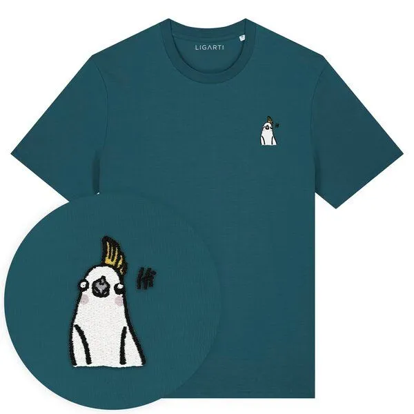 LIGARTI Besticktes T-Shirt – Heidi der Nymphensittich – LIGARTI Tiermanufaktur, Petrol, – Produktbild 1 von 4
