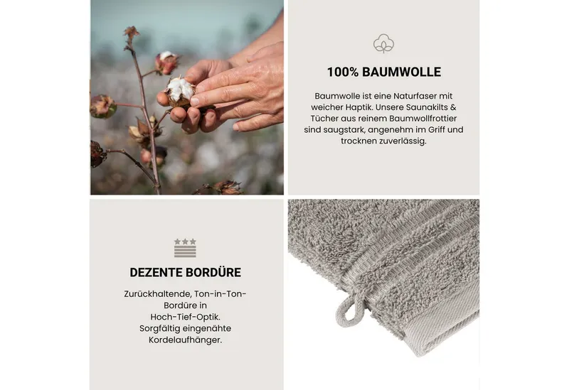 Schiesser Schiesser Waschhandschuh Milano Waschhandschuh-Set aus weicher Baumwolle in Frottier-Qualität, (5-St), mit Webbordüre, Silberfarben, – Produktbild 4 von 5
