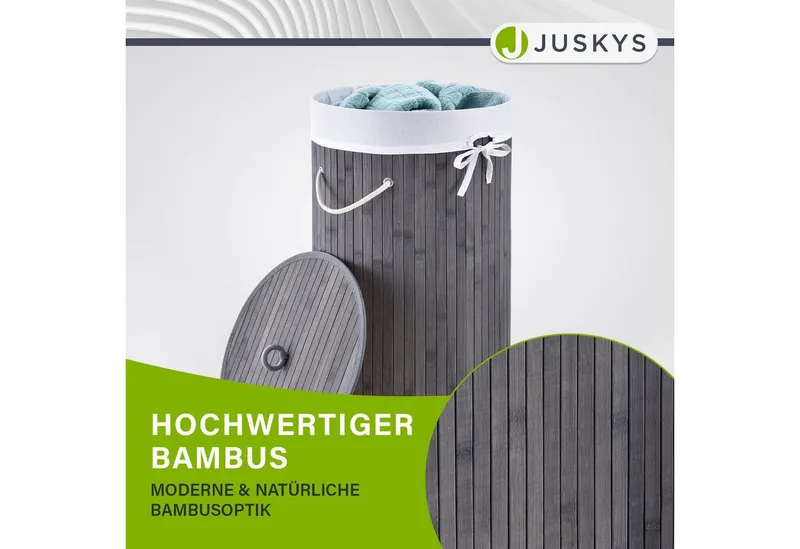 Juskys Wäschekorb Curly-Round 55 L in Grau aus Bambus mit Deckel & Wäschesack, Wäschesammler für 2 Personen, schmal mit Ø 35 x 60 cm & Kordelgriffen, Grau, – Produktbild 5 von 5