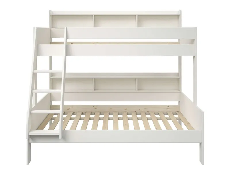 OTTO home Etagenbett Jaime II, Stockbett, viel Stauraum, mit Regalen, Massivholz mit MDF (Oberes Bett 90x200cm, unteres Bett 120x200cm), breite Liegefläche unten, FSC®, Made EU, 3. Schlafgelegenheit optional, Weiß, – Produktbild 4 von 5