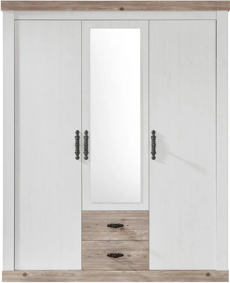Home affaire Drehtürenschrank Florenz Landhausschrank,rustikale Metallgriffe mit feinen Verzierungen Kleiderschrank mit Spiegel Schlafzimmerschrank BESTSELLER Garderobe, Weiß, – Produktbild 4 von 8