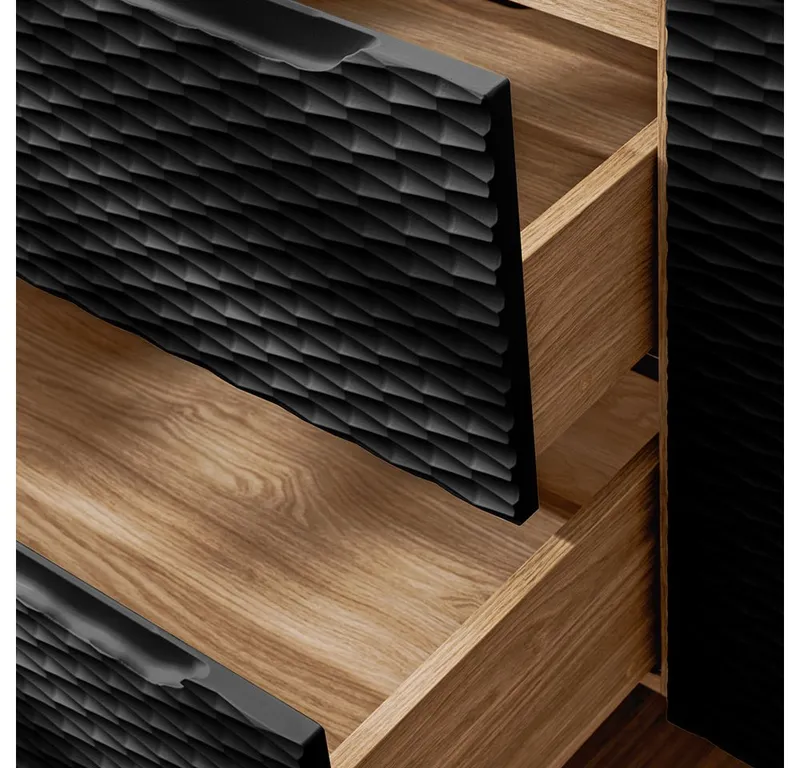 Lomadox Badmöbel-Set OLUO-56-BLACK, (Spar-Set, 4-St., Hochschrank LED-Spiegel Doppelwaschtisch), mit 120cm Waschtisch, Eiche mit schwarz, 3D-Oberfläche, Schwarz, – Produktbild 2 von 5