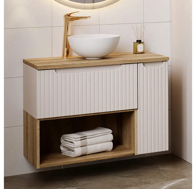 Lomadox Waschtisch NEWPORT-56-CASHMERE, in kaschmir & Eiche, gerillte Front, geringe Tiefe für kleine Bäder, Weiß, – Produktbild 1 von 5