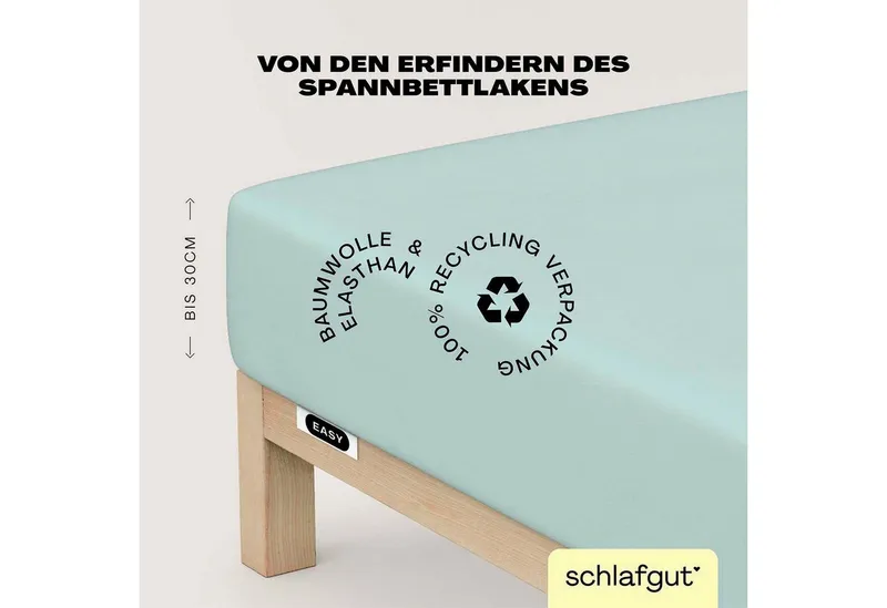 Schlafgut Schlafgut Spannbettlaken EASY JERSEY ELASTHAN Bettlaken, 170 g/m², 95% Baumwolle, 5% Elasthan, Jersey, Gummizug: rundum, (1 Stück), Spannbettlaken bis 30 cm Höhe, bügelfrei, pflegeleicht, perfekter Sitz, Blau, – Produktbild 2 von 5