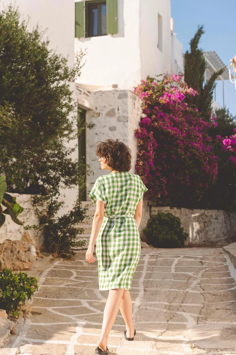AmourLinen AmourLinen Damen vegan Wickelkleid Olivia Grün Gingham, Grün, – Produktbild 1 von 2