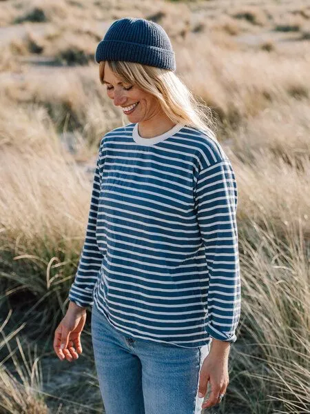 FUXBAU FUXBAU Frauen Streifen Longsleeve - creme grün, bordeaux, blau oder senf, Blue, – Produktbild 6 von 8