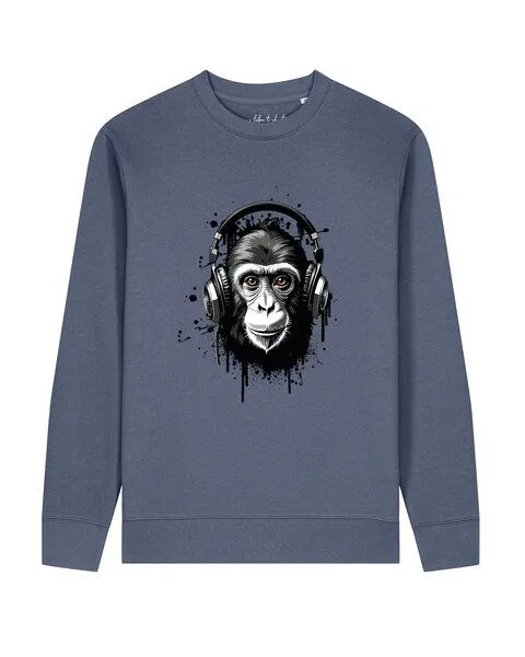 watapparel watapparel Sweatshirt Unisex Affe hört Musik, Blue grey, – Produktbild 1 von 2