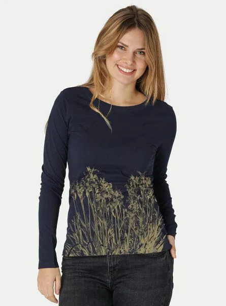 Peaces.bio - handbedruckte Biomode Peaces.bio - handbedruckte Biomode Langarmshirt Damen Mystic Iris, Navy, – Produktbild 2 von 2