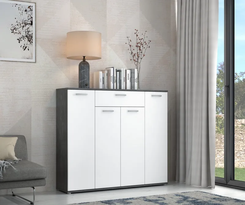 FORTE Kommode Kombikommode, Stauraum, Einlegeböden verstellbar, B/H/T ca.140/120/34 cm, viel Stauraum, PEFC zertifiziert, Grau|weiß, – Produktbild 3 von 5