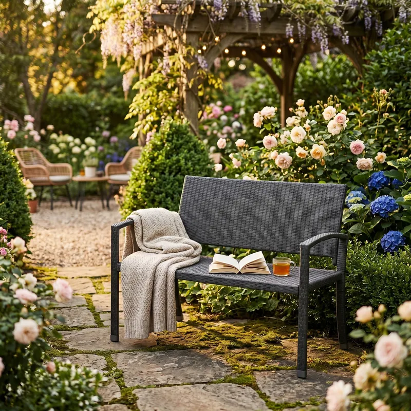Casaria® Polyrattan Gartenbank Schwarz 122x58x87cm, Schwarz, – Produktbild 2 von 2
