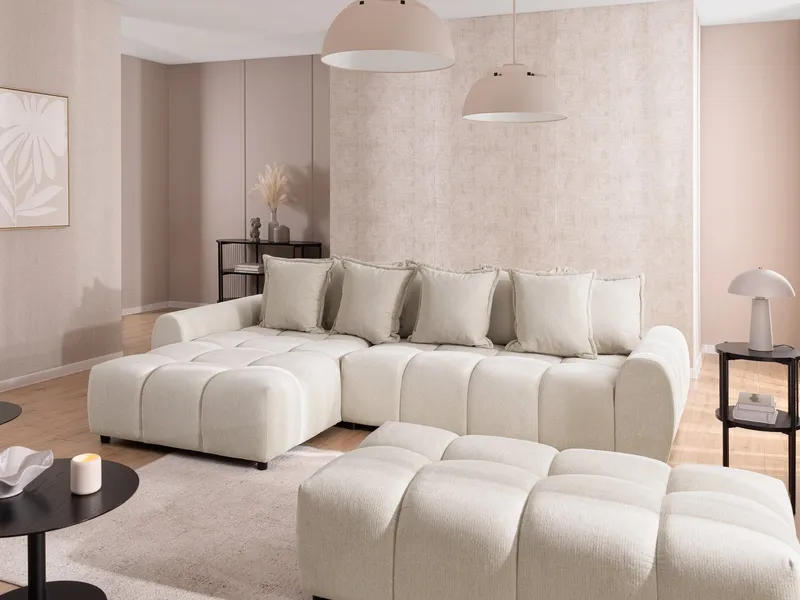 S-Style Möbel Polsterhocker Bubble mit Sitzfläche in Bubble-Optik aus weichem Strukturstoff (1 x Hocker), mit Wellenfederung, Beige, – Produktbild 2 von 5