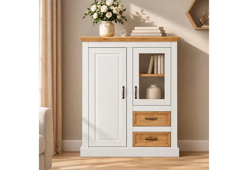 OTTO home Highboard Selma Vitrine mit 2 Türen, eine davon mit Glaseinsatz und 2 Schubläden, aus massivem Kiefernholz, mit einer natürliche Maserung, Metallgriffe, Weiß, – Produktbild 1 von 4