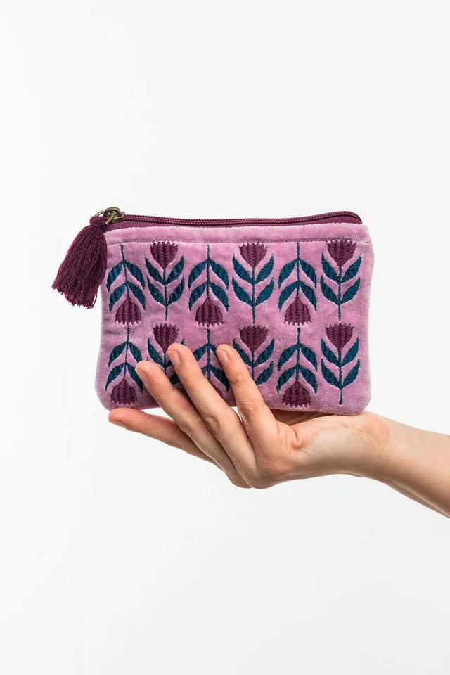 Tranquillo Tranquillo Aufbewahrungstasche aus Bio-Baumwolle FLORAL 16x10 cm rosa mit robustem Reißverschluss, Besticktes Samttäschchen aus GOTS-zertifizierter Bio-Baumwolle, Blau|rosa, – Produktbild 3 von 4