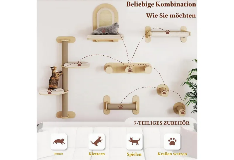 LuxusKollektion Katzen-Kletterwand Katzenregal 7-teilig Wandmontage, Braun, – Produktbild 4 von 5