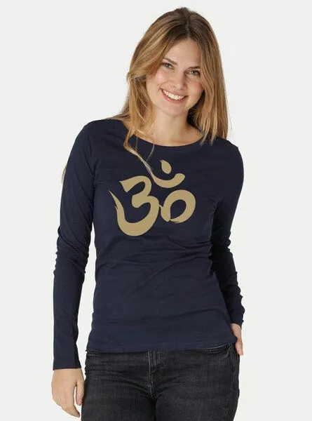 Peaces.bio - handbedruckte Biomode Peaces.bio - handbedruckte Biomode Bio-Damen-Langarmshirt "OM", Blau, – Produktbild 2 von 3
