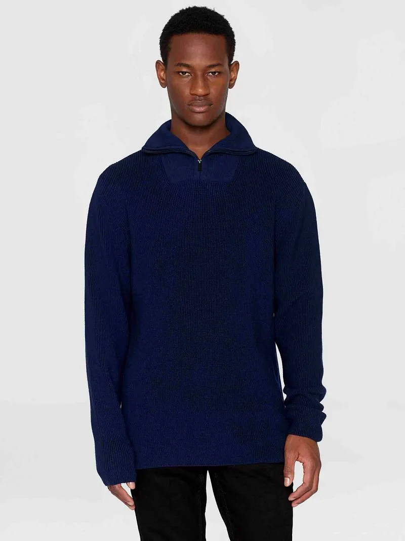 KnowledgeCotton Apparel Knowledge Cotton Apparel Wollpullover Half Zip Marine - Größe M, Blau, – Produktbild 2 von 5