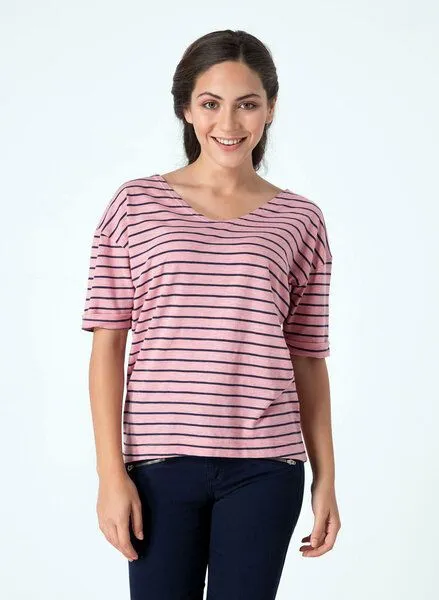ORGANICATION ORGANICATION Gestreiftes T-Shirt mit 1/2 Arm und längerem Rückenteil, Strawberry ice & navy, – Produktbild 2 von 4