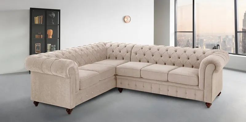 OTTO home Chesterfield-Sofa Chesterfield Ecksofa, auch in Leder L-Form, hochwertige Knopfheftung, langer Schenkel links oder rechts wählbar, Beige, – Produktbild 4 von 5