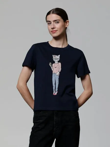 watapparel watapparel T-Shirt Frauen Hipster Cat with Moustache, French navy, – Produktbild 2 von 3