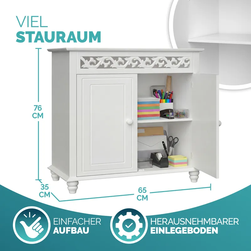 Casaria® Kommode Schlafzimmer Landhaus Weiß mit Einlegeboden 2 Türen 76x65x35cm, Weiß, – Produktbild 2 von 2