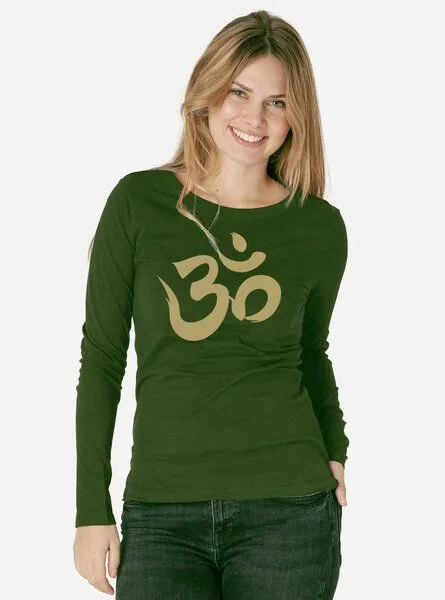 Peaces.bio - handbedruckte Biomode Peaces.bio - handbedruckte Biomode Bio-Damen-Langarmshirt "OM", Waldgrün, – Produktbild 2 von 3