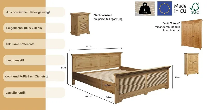 OTTO home Bett Rauna, Landhausstil, edles Design mit Lamellen und Kassetten, 2 Farben (Breite/Belastbarkeit 180cm=220 KG, 90cm=120KG), FSC® zertifiziertes Kieferholz, massive Qualität mit Lattenrost, Beige, – Produktbild 8 von 8