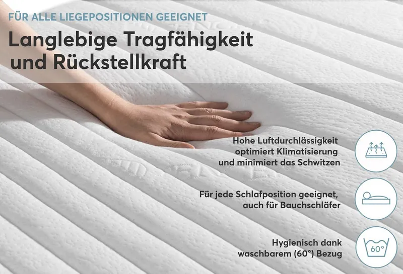 Federkernmatratze Ergo-SPRING, RAVENSBERGER Matratzen, 25 cm hoch, Ergonomisch, 5 Liegeelemente, 7 Zonen, Made in Germany, Tencelbezug, Weiß, – Produktbild 6 von 6