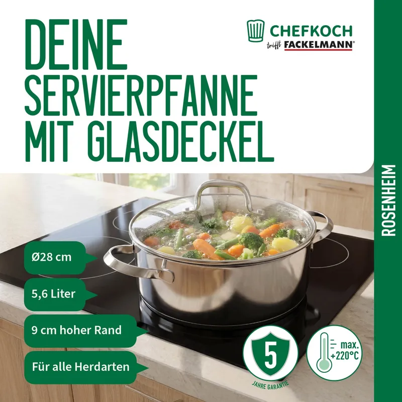 Chefkoch trifft Fackelmann Chefkoch trifft Fackelmann Servierpfanne mit Deckel Rosenheim, Ø28cm – Produktbild 3 von 3