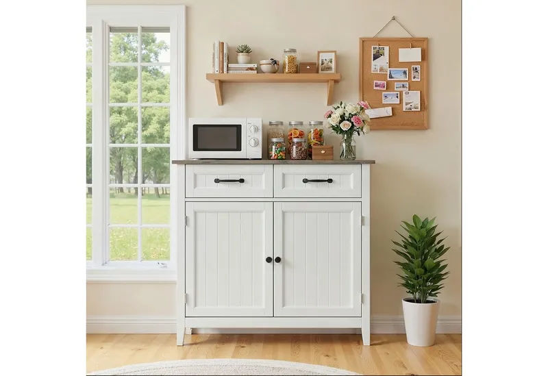 Blishom Buffet Sideboard Küchenschrank mit 2 Schubladen, 90 x 40 x 82 cm Die Einlegeböden sind verstellbar, Grau, – Produktbild 4 von 5