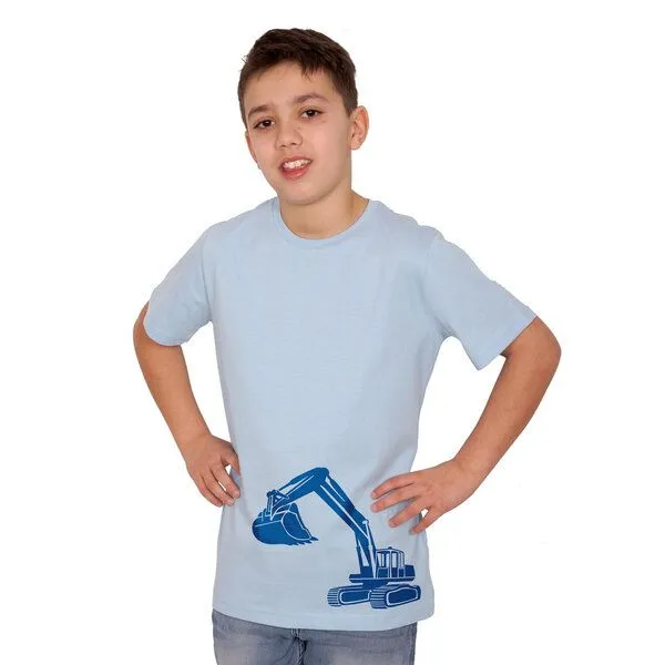 HANDGEDRUCKT HANDGEDRUCKT "Bagger" Unisex Kinder T-Shirt, Light blue, – Produktbild 1 von 3