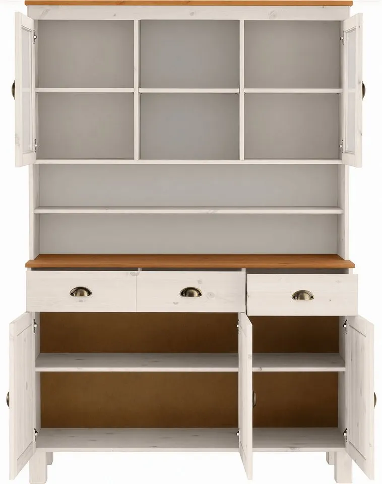 Home affaire Küchenbuffet Oslo 125 cm breit, aus massiver Kiefer, mit 2 Glastüren, Metallgriffe, Weiß, – Produktbild 4 von 5
