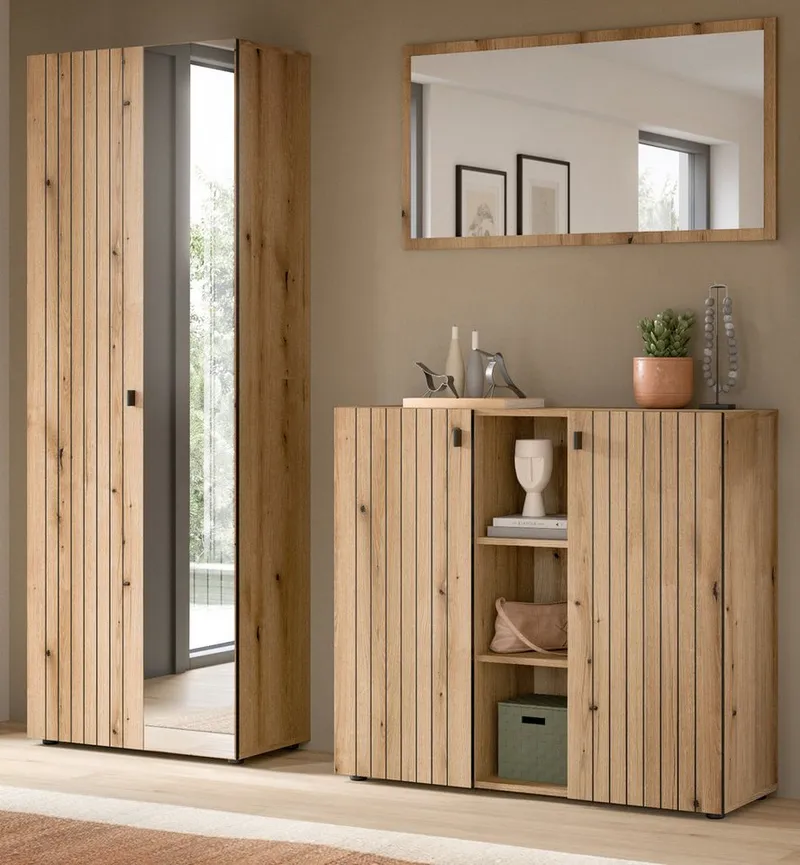 Inn.Furn Garderoben-Set Loreno, (Flurgarderobe in Evoke Eiche mit gefrästen Rillen, 3-St., 190 x 192 cm), variable Inneneinteilung – Produktbild 2 von 5