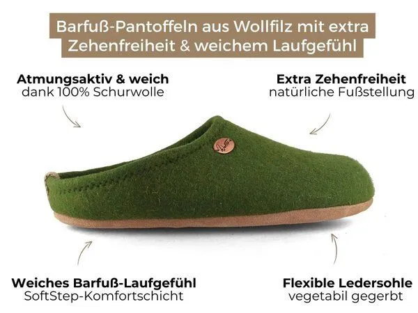 WoolFit WoolFit Barefoot Barfuß-Hausschuhe unisex Filz-Pantoffeln mit viel Zehenfreiheit, nachhaltig aus 100% Wolle, Grün, – Produktbild 3 von 5