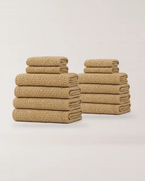 AmourLinen AmourLinen Waffel-Handtuch-Set aus Leinen, Luxe-Pack, 8 Badetücher + 4 Handtücher, Senfgelb, – Produktbild 1 von 3