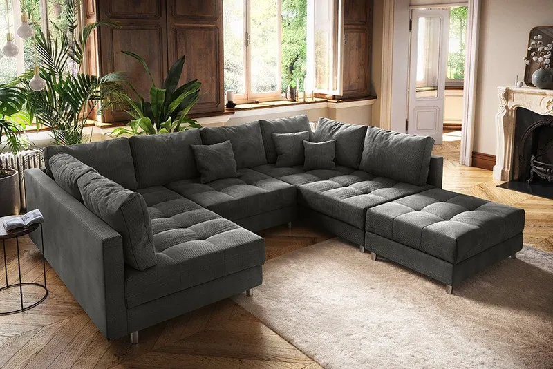 riess-ambiente Wohnlandschaft KENT 305cm anthrazit/schwarz - inkl. Hocker, U-Form, FSC-zertifiziert, Einzelartikel 1 Teile, Ecksofa · Wohnzimmer · mit Federkern · Cord-Bezug · Modern Design, Schwarz, – Produktbild 4 von 5