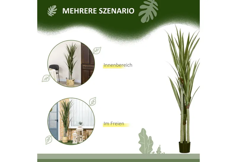 HOMCOM Kunstpflanze Plastik Künstliche Pflanze im Topf Yucca, HOMCOM, Höhe 190 cm, für Wohnzimmer Schlafzimmer Büro Garten Smaragdgrün, Grün, – Produktbild 5 von 5