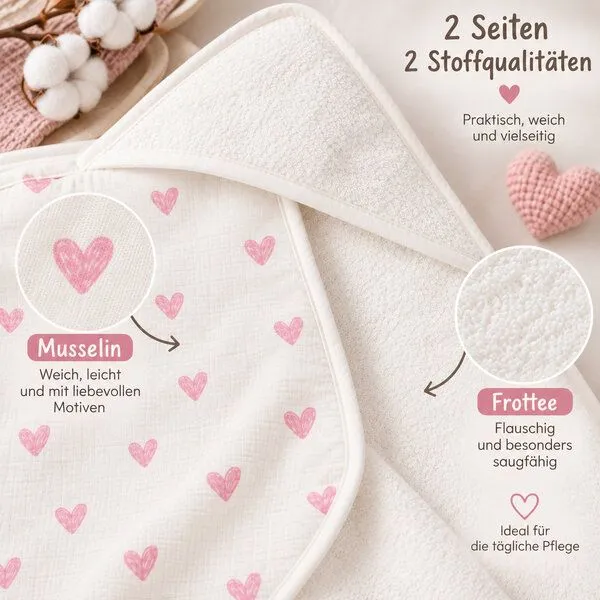 Bebekevi Bebekevi Baby Kapuzenbadetuch 75 × 75 cm aus Musselin & Frottee | Weiche Musselin-Innenseite | inkl. Waschhandschuh | Gemustert, Naturweiß herzen, – Produktbild 4 von 4
