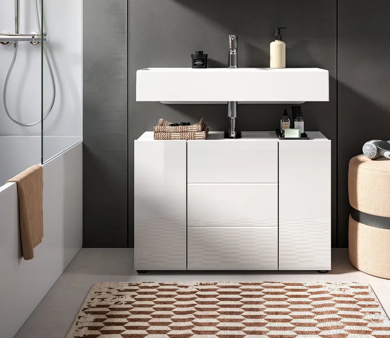 Inn.Furn Waschbeckenunterschrank Larik (Badschrank in Weiß Hochglanz, Breite 80 cm) mit 4 Fächern, Weiß, – Produktbild 5 von 5