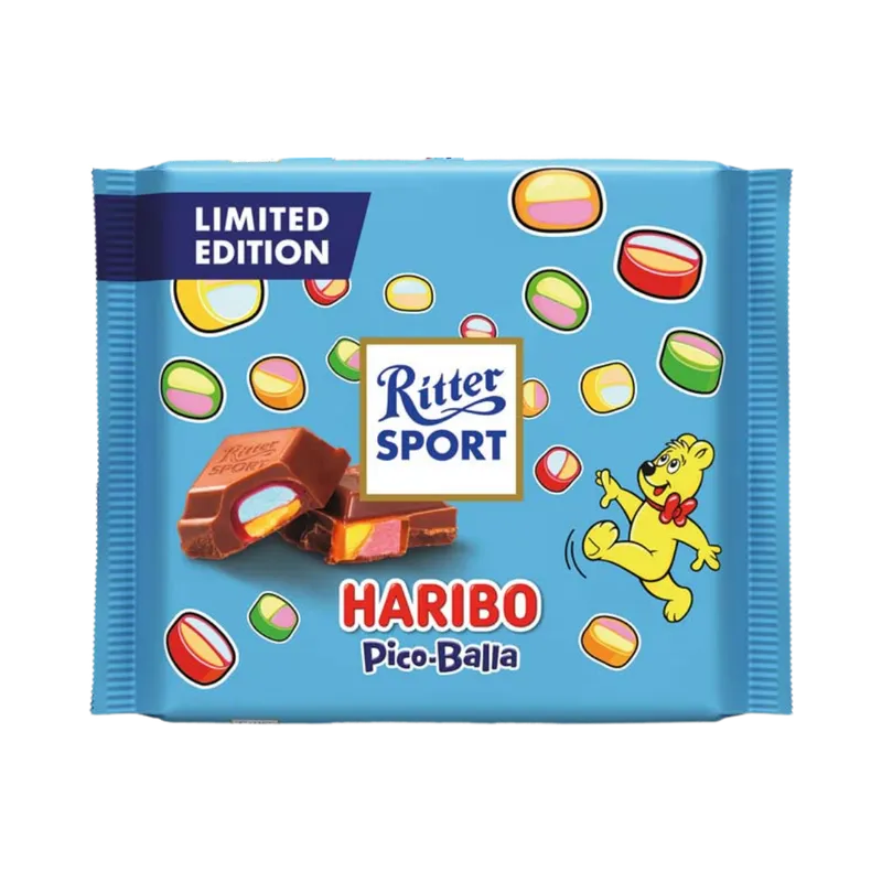 Ritter Sport Ritter Sport Schokolade, Ritter Sport Pico Balla Haribo Vollmilchschokolade Tafel 100g – Produktbild 1 von 3