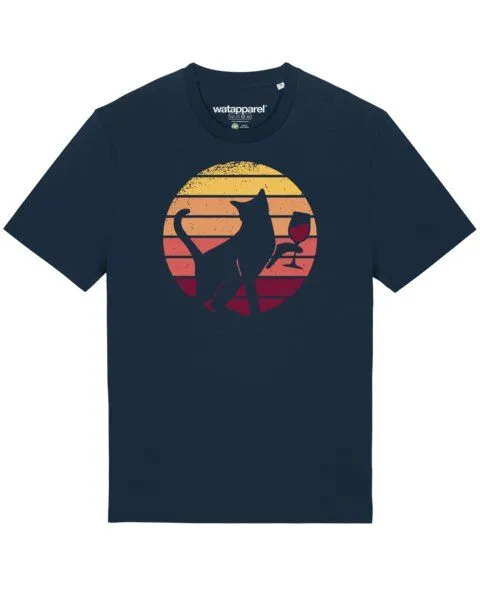watapparel watapparel T-Shirt Unisex Sunset Katze & Rotwein, French navy, – Produktbild 1 von 4
