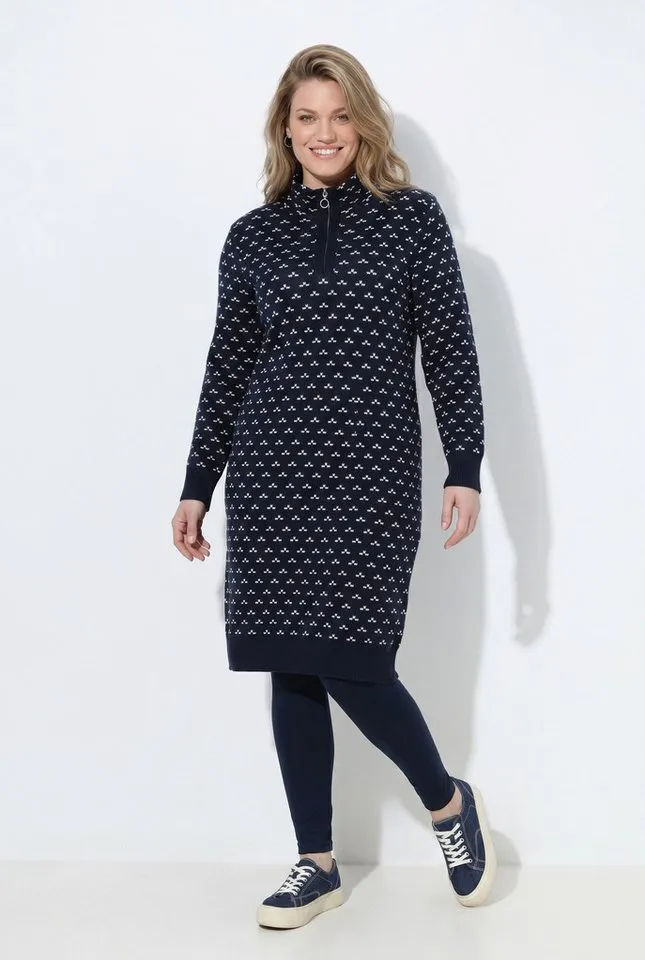 Ulla Popken Midikleid Strickkleid Punkte Troyerkragen Langarm, Schwarz, – Produktbild 2 von 4