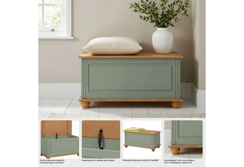 OTTO home Sitztruhe Finca, aus massivem Kiefernholz, 85 x 43 x 45 cm, mit praktischem Stauraum, Grün, – Produktbild 3 von 5