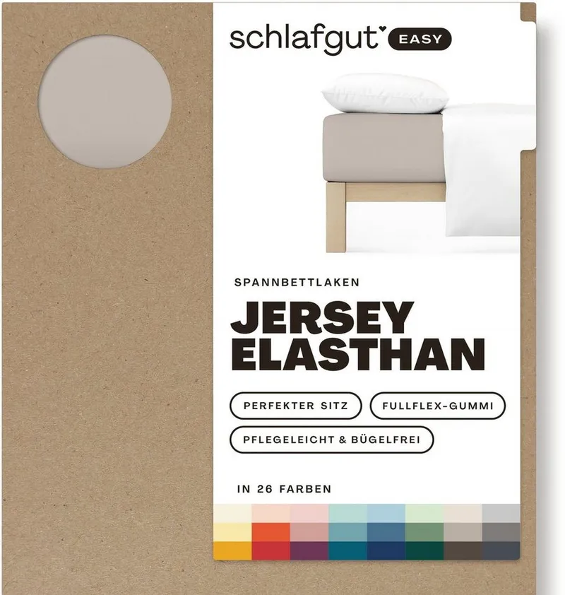 Schlafgut Schlafgut Spannbettlaken EASY JERSEY ELASTHAN Bettlaken, 170 g/m², 95% Baumwolle, 5% Elasthan, Jersey-Elasthan, Gummizug: rundum, (1 Stück), Spannbettlaken bis 30 cm Höhe, bügelfrei, pflegeleicht, perfekter Sitz, Beige, – Produktbild 3 von 5